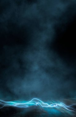 Boş gelecekçi dramatik sahne. Soyut karanlık manzara, sokak. Neon ışığı sıvısı elementi. Gece görüşü, neon mavi ışık. Fantezi arka planı. 3B illüstrasyon