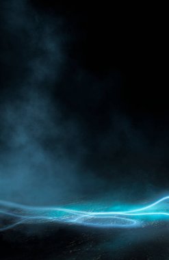 Boş gelecekçi dramatik sahne. Soyut karanlık manzara, sokak. Neon ışığı sıvısı elementi. Gece görüşü, neon mavi ışık. Fantezi arka planı. 3B illüstrasyon