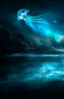 Gece fantazisi dağlar ve okyanuslarla doğal manzara. Gece gökyüzü, yıldızlar ve neon denizanası siluetleri. Mavi neon ışıkta koyu fütüristik manzara.