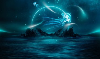 Gece fantazisi dağlar ve okyanuslarla doğal manzara. Gece gökyüzü, yıldızlar ve neon denizanası siluetleri. Mavi neon ışıkta koyu fütüristik manzara.