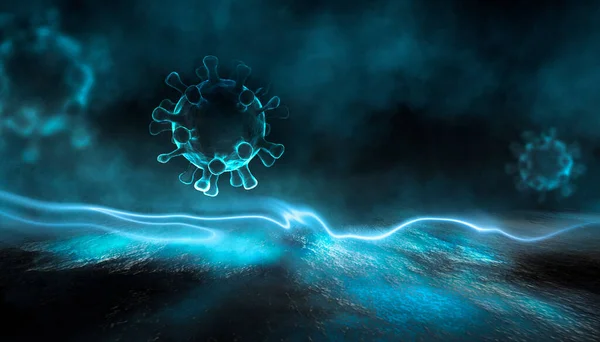 Covid ウイルスの要素を持つ抽象化の背景 ウイルス性疾患の流行 マイクロ生物マクロ3Dイラスト 流行病医療 — ストック写真
