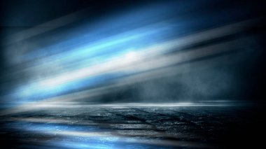 Karanlık dramatik sahne arkaplanı. Neon ışığı kaldırıma yansıdı. Duman, sis ve sis. Karanlık sokak, ıslak asfalt, sudaki ışınların yansımaları. Soyut koyu mavi arkaplan. 