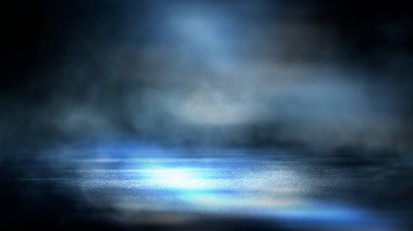 Karanlık dramatik sahne arkaplanı. Neon ışığı kaldırıma yansıdı. Duman, sis ve sis. Karanlık sokak, ıslak asfalt, sudaki ışınların yansımaları. Soyut koyu mavi arkaplan. 