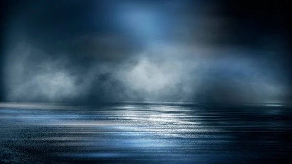 Cenário Abstrato Dramático Escuro Brilho Néon Refletido Pavimento Fumo Fumo — Fotografia de Stock
