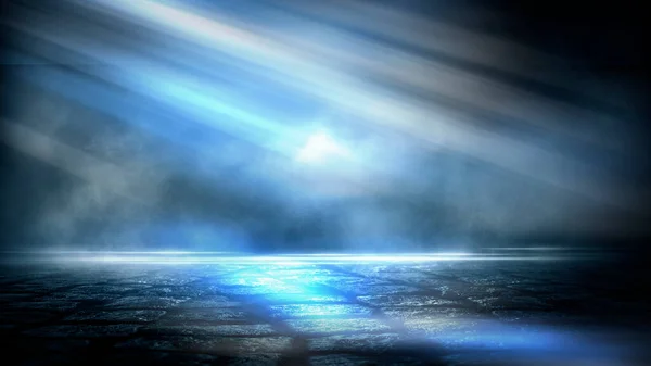 Dark dramatic abstract scene background. Neon glow reflected on the pavement. Smoke, smog and fog. Dark street, wet asphalt, reflections of rays in the water. Abstract dark blue background.