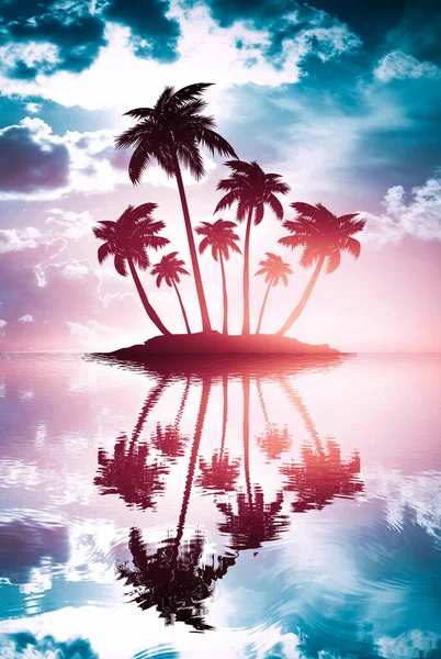 Empty Tropical Background Night Sea Beach Silhouettes Tropical Palm Trees — Stock Photo, Image