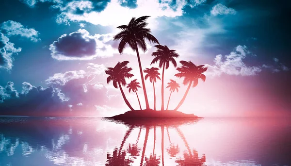 夜の海のビーチの空の熱帯の背景 明るい日没の背景に熱帯のヤシの木のシルエット 3Dイラスト — ストック写真