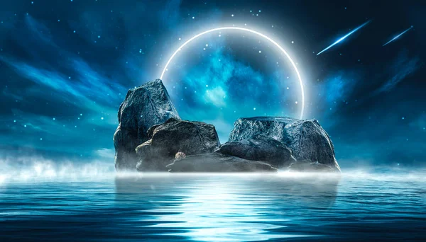 未来的夜景与抽象的风景和岛屿 黑暗的自然景观与反光在水中 霓虹灯蓝光 黑暗的霓虹灯背景3D插图 — 图库照片