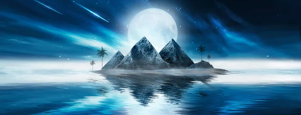 Футуристический Ночной Пейзаж Абстрактным Ландшафтом Островом Лунный Свет Блеск Темная — стоковое фото