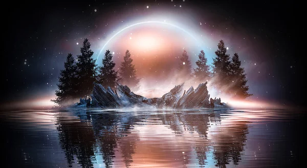 Futurisztikus Éjszakai Táj Elvont Tájjal Szigettel Holdfény Ragyogás Sötét Természeti — Stock Fotó