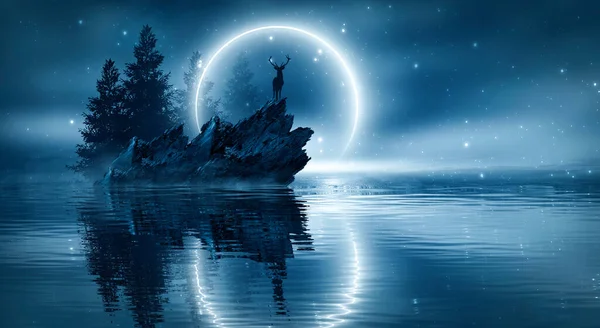 Futurisztikus Éjszakai Táj Elvont Tájjal Szigettel Holdfény Ragyogás Sötét Természeti — Stock Fotó