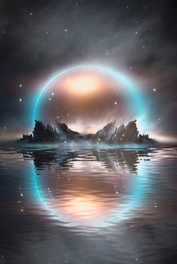 Soyut manzaralı ve adalı fütüristik gece manzarası, ay ışığı, parlaklık. Suyun içinde ışığın yansıması olan karanlık doğal sahne, neon mavi ışık. Karanlık neon çember arka planı. 3B illüstrasyon