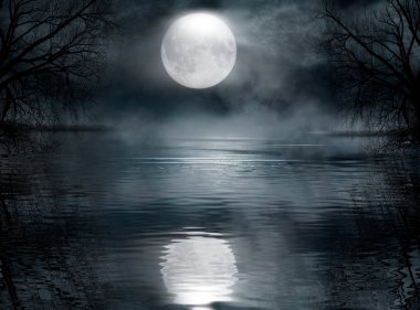 Karanlık, soğuk, fütürist orman. Ağaçlı dramatik sccna, büyük ay ışığı, ay ışığı. Duman, gölge, sis, kar. Gece ormanı yansıması nehirde, denizde, okyanusta.