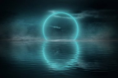 Karanlık, soğuk, fütürist orman. Ağaçlı dramatik sccna, büyük ay ışığı, ay ışığı. Duman, gölge, sis, kar. Gece ormanı yansıması nehirde, denizde, okyanusta.