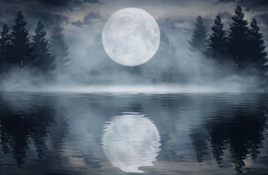 Karanlık, soğuk, fütürist orman. Ağaçlı dramatik sccna, büyük ay ışığı, ay ışığı. Duman, gölge, sis, kar. Gece ormanı yansıması nehirde, denizde, okyanusta.
