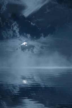 Karanlık, soğuk, fütürist orman. Ağaçlı dramatik sccna, büyük ay ışığı, ay ışığı. Duman, gölge, sis, kar. Gece ormanı yansıması nehirde, denizde, okyanusta.