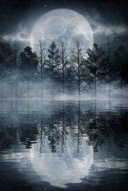 Karanlık, soğuk, fütürist orman. Ağaçlı dramatik sccna, büyük ay ışığı, ay ışığı. Duman, gölge, sis, kar. Gece ormanı yansıması nehirde, denizde, okyanusta.