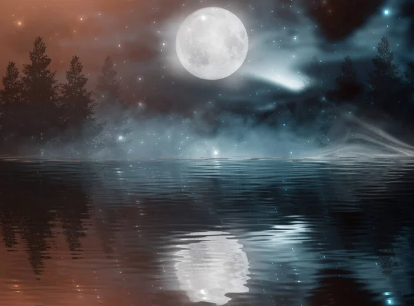 Dunkelkalter Futuristischer Wald Dramatische Szenerie Mit Bäumen Großem Mond Mondlicht — Stockfoto