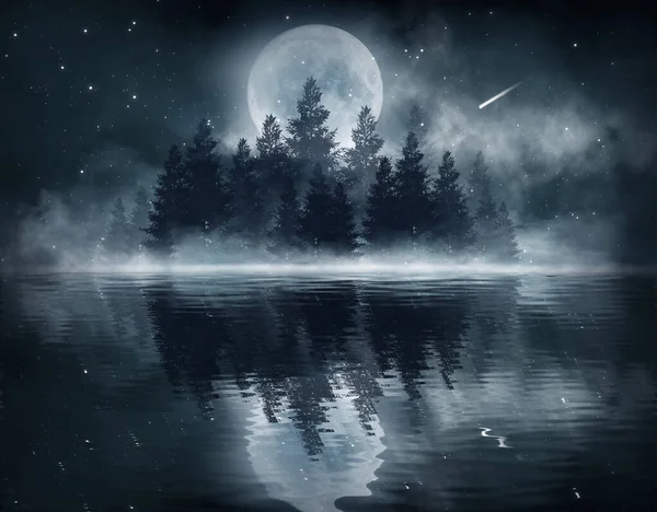 Dark Cold Futuristic Forest Dramatic Sccna Trees Big Moon Moonlight — Stock Photo, Image