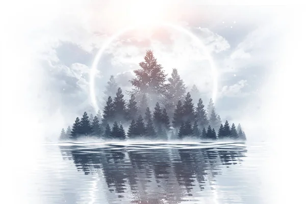 Sötét Hideg Futurisztikus Erdő Drámai Sccna Fákkal Nagy Holddal Holdfénnyel — Stock Fotó