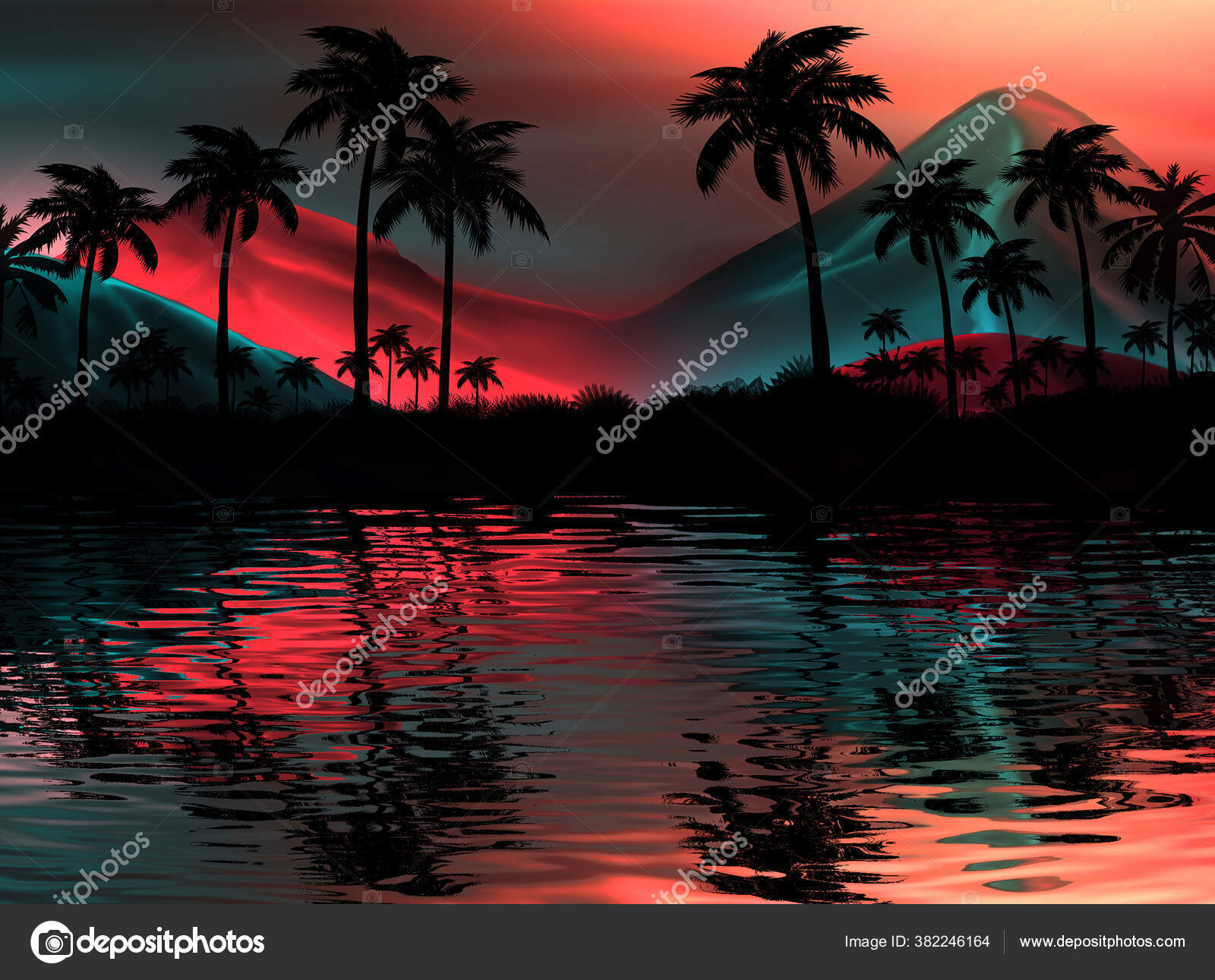 Paisaje Nocturno Con Palmeras Sobre Telón Fondo Una Puesta Sol — Foto de  stock #382246164 © Vitalina_G, image size:1600x1291