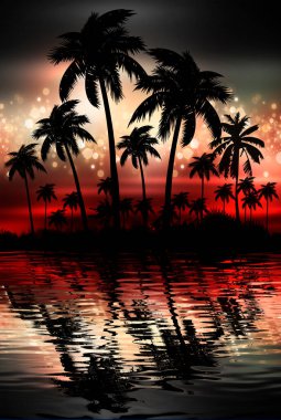 Palmiye ağaçlarıyla gece manzarası, neon bir günbatımının arka planı, yıldızlar. Gün batımında sahilde siluet hindistan cevizi palmiyeleri. Geleceğin manzarası. Neon palmiye ağacı. Tropik gün batımı. Suyun üzerindeki neon ışığın yansıması. 3B illüstrasyon