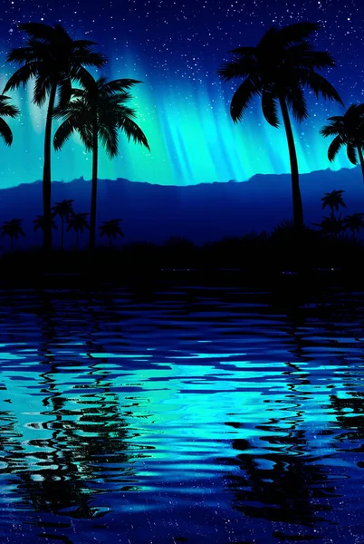 Night landscape with palm trees, against the backdrop of a neon sunset, stars. Silhouette coconut palm trees on beach at sunset. Futuristic landscape. Neon palm tree. Tropical sunset. Reflection of neon light on the water. 3D illustration
