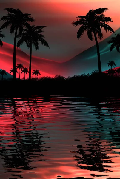 Night landscape with palm trees, against the backdrop of a neon sunset, stars. Silhouette coconut palm trees on beach at sunset. Futuristic landscape. Neon palm tree. Tropical sunset. Reflection of neon light on the water. 3D illustration