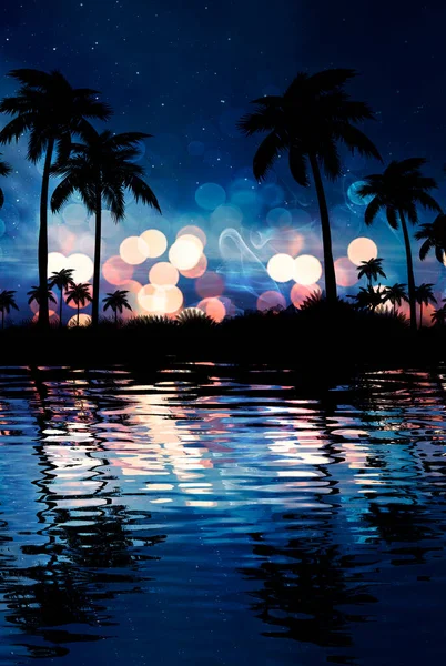 Night landscape with palm trees, against the backdrop of a neon sunset, stars. Silhouette coconut palm trees on beach at sunset. Futuristic landscape. Neon palm tree. Tropical sunset. Reflection of neon light on the water. 3D illustration