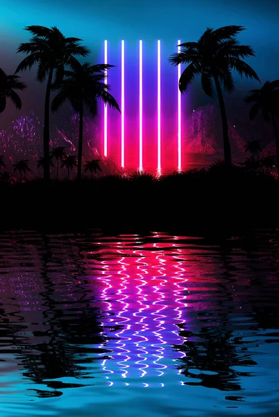 Nächtliche Landschaft Mit Palmen Vor Dem Hintergrund Eines Neonfarbenen Sonnenuntergangs — Stockfoto