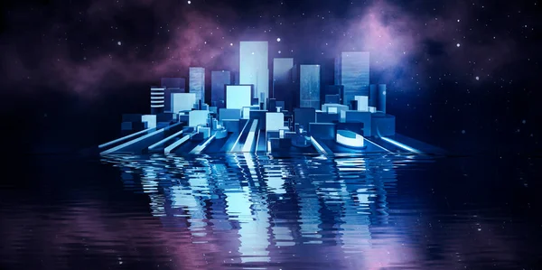 Abstract, futuristic city of concrete and neon. Night city view, illumination. Dark street, abstract scene, neon rays. 3D illustration. Reflection of neon light on the water.