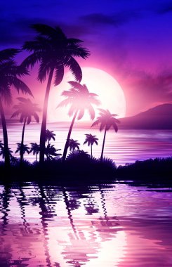 Gece kumsalının boş tropikal arka planı. Parlak günbatımının arka planında tropikal palmiye ağaçlarının siluetleri. 
