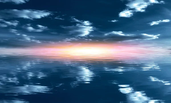 Paisaje Verano Mar Azul Cielo Borroso Con Nubes Esponjosas Puesta — Foto de Stock
