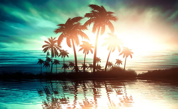 Empty tropical background of night sea beach. Silhouettes of tropical palm trees on a background of bright sunset.