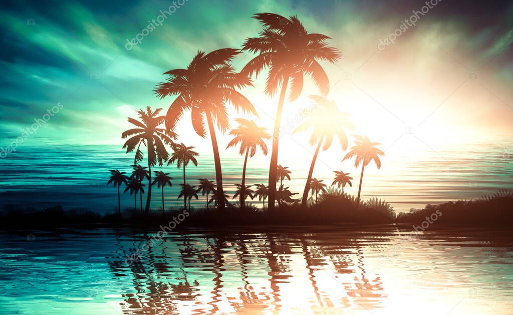 Empty tropical background of night sea beach. Silhouettes of tropical palm trees on a background of bright sunset. 