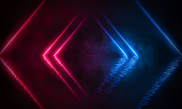 Dark empty scene, blue neon searchlight light, wet asphalt, smoke, night view, rays. Reflection on the water, night view. Liquid. 3d illustration.