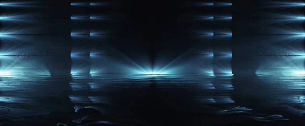 Donker Leeg Tafereel Blauw Neon Zoeklicht Nat Asfalt Rook Nachtzicht — Stockfoto