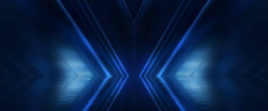 Karanlık, boş sahne, mavi ışık, ıslak asfalt, duman, gece görüşü, ışınlar. Suda yansıma, gece görüşü. Sıvı. 3d illüstrasyon.