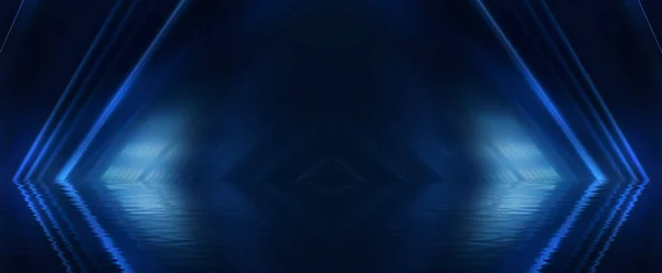 Тёмная Пустая Сцена Голубой Неоновый Прожектор Мокрый Асфальт Дым Ночной — стоковое фото