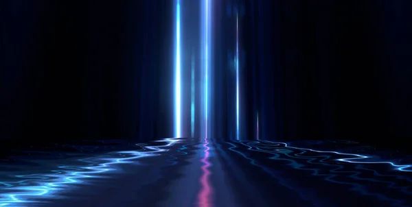 Dark empty scene, blue neon searchlight light, wet asphalt, smoke, night view, rays. Reflection on the water, night view. Liquid. 3d illustration.