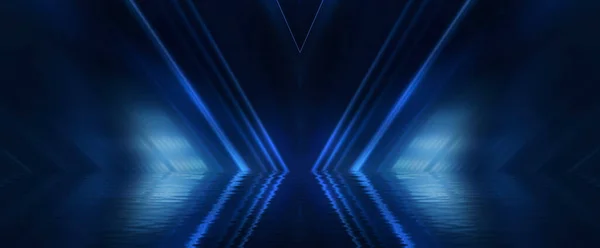 Dark empty scene, blue neon searchlight light, wet asphalt, smoke, night view, rays. Reflection on the water, night view. Liquid. 3d illustration.