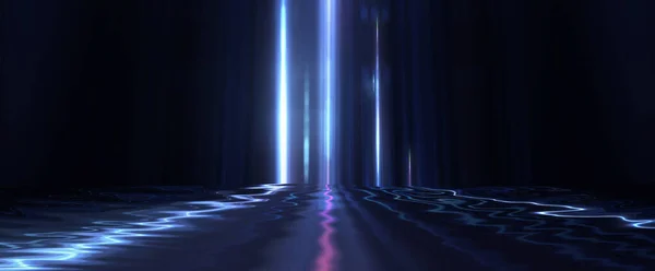 Dark empty scene, blue neon searchlight light, wet asphalt, smoke, night view, rays. Reflection on the water, night view. Liquid. 3d illustration.