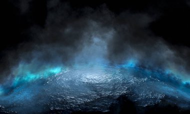 Boş gelecekçi dramatik sahne. Soyut karanlık manzara, sokak. Neon ışığı sıvısı elementi. Gece görüşü, neon mavi ışık. Fantezi arka planı. 3B illüstrasyon