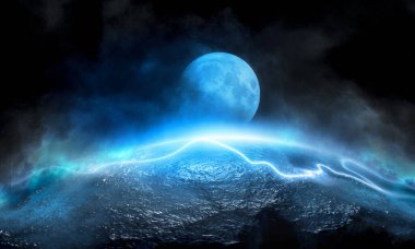 Boş gelecekçi dramatik sahne. Soyut karanlık manzara, sokak. Neon ışığı sıvısı elementi. Gece görüşü, neon mavi ışık. Fantezi arka planı. 3B illüstrasyon