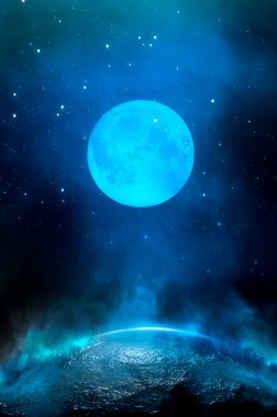 Boş gelecekçi dramatik sahne. Soyut karanlık manzara, sokak. Neon ışığı sıvısı elementi. Gece görüşü, neon mavi ışık. Fantezi arka planı. 3B illüstrasyon