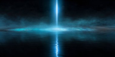 Islak asfalt, neon lambaların yansıması, bir projektör, duman. Karanlık, boş bir sokakta dumanlı, dumanlı, dumanlı bir sokakta soyut bir ışık. Karanlık arka plan sahnesi boş sokak, gece manzarası, gece şehri.