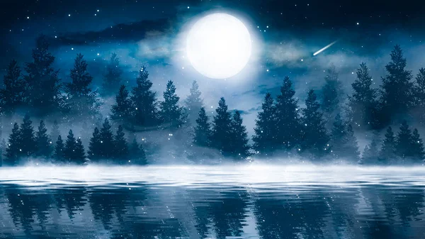 Sötét Hideg Táj Folyóval Téli Háttér Tükröződik Holdfény Víz Drámai — Stock Fotó