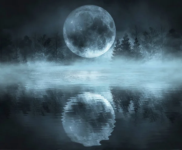 Dark Cold Landscape River Winter Background Reflected Moonlight Water Dramatic — Stock Photo, Image