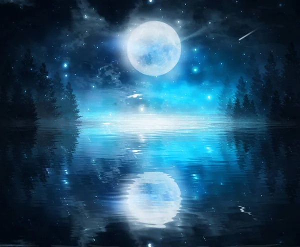 黑暗寒冷的风景与一条河 月光上反射出冬日的背景 戏剧化的场景 3D插图 — 图库照片