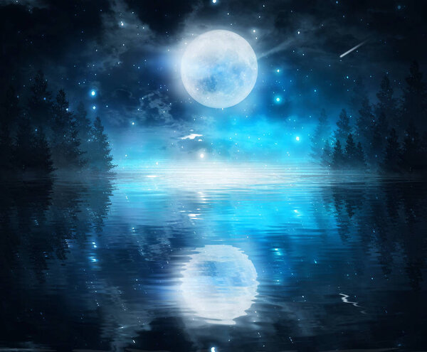 Dark cold landscape with a river. Winter background reflected on the moonlight water. Dramatic scene, smoke, smog, fog, snow. 3D illustration.